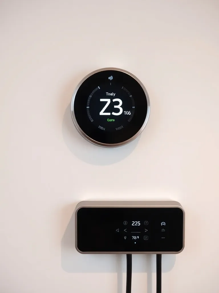 A close-up shot of a modern digital smart thermostat on a wh