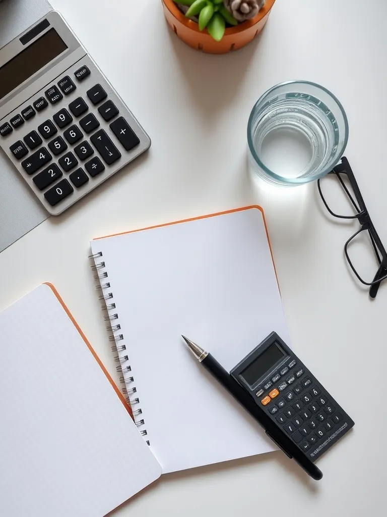 A professional office desktop with a calculator, notebook, a