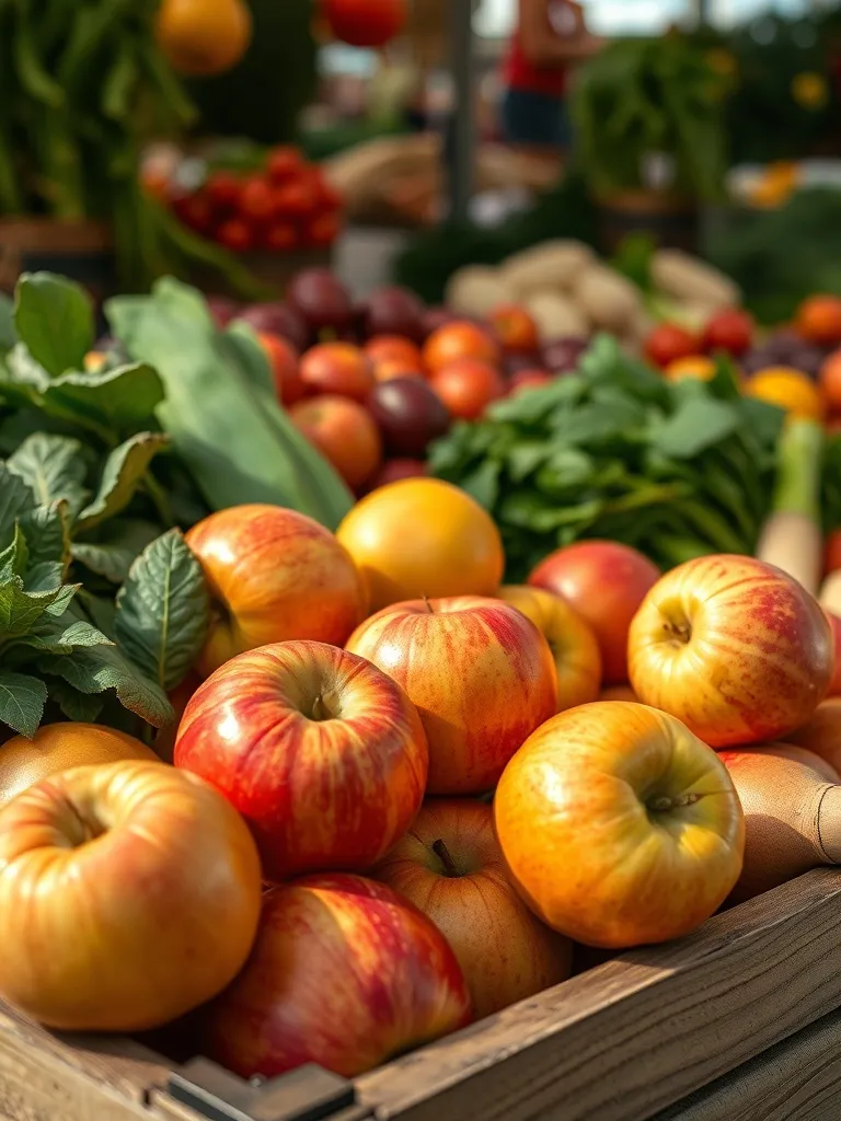 A close-up of fresh apples and vegetables in a wooden crate