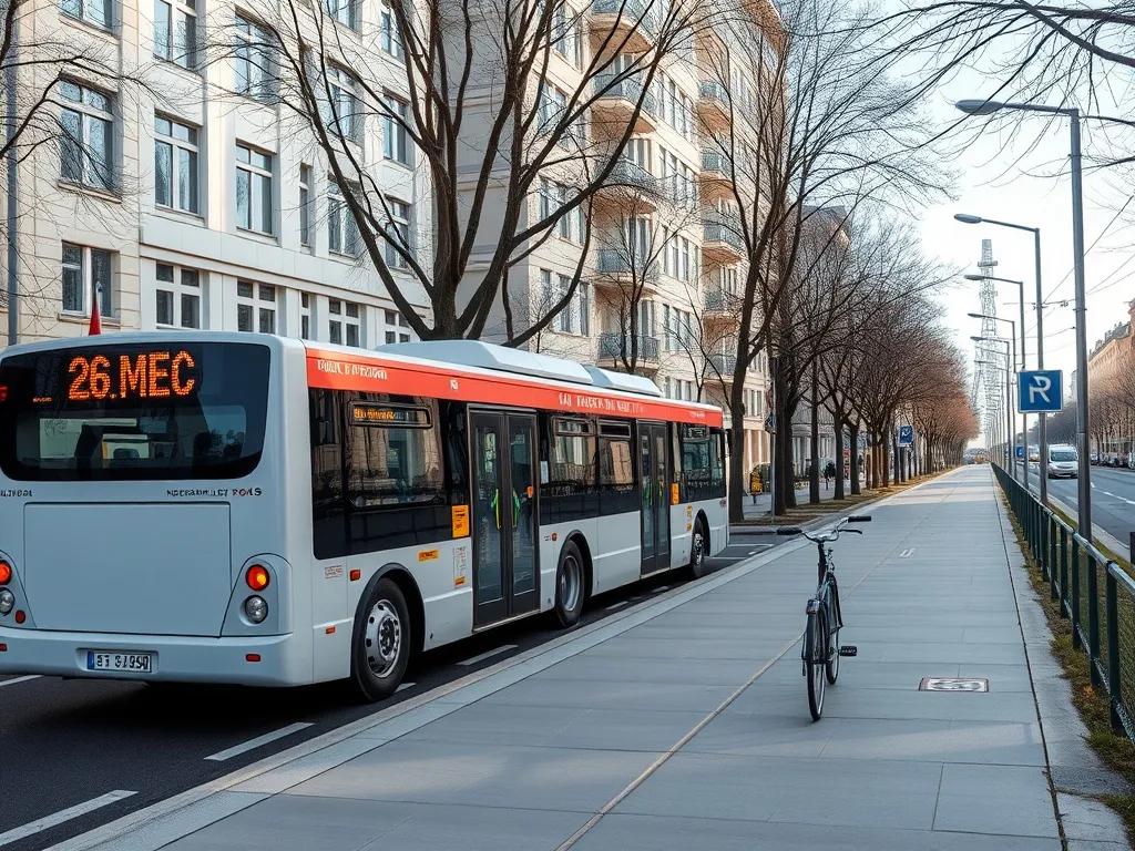 A modern public transport bus and a bicycle path in a clean