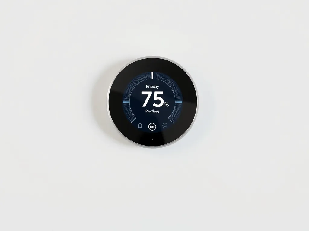 A modern smart home thermostat on a white wall, showing ener